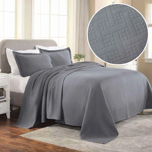 Miniatura 5 de Colcha Superior 100% algodón con diseño de tejido de cesta y fundas, ropa de cama de algodón de primera calidad para todas las estaciones con Gris
