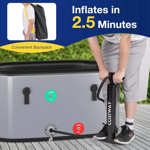 Miniatura 8 de COSTWAY XL - Bañera de hielo ovalada de 129 galones con tapa, bañera inflable portátil para exteriores con mochila, bomba, para frío y terapia, Gris
