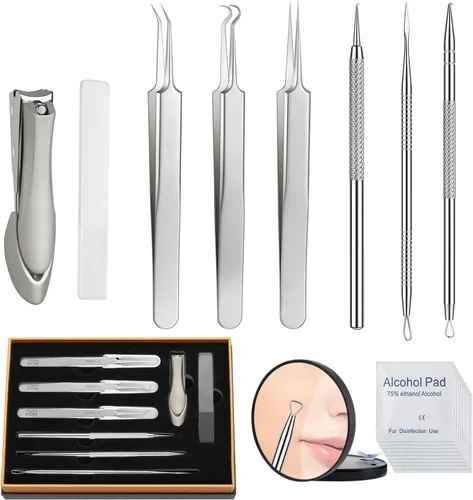 Miniatura 14 de Kit de eliminación de puntos negros, extractor de comedona de acné de acero inoxidable con lupa 10X y 20 almohadillas de alcohol al 75%, eliminación