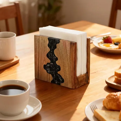 Miniatura 2 de Servilletero artístico, madera de acacia y resina epoxi azul con patrón de ondas oceánicas, base antideslizante gruesa para encimera de cocina