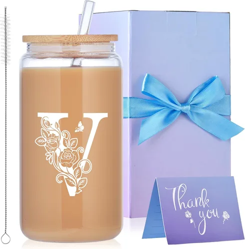 Miniatura 23 de Vasos de vidrio con iniciales con tapas y pajitas, regalos con monograma para mujeres, vaso de vidrio de cerveza de 16 onzas, taza de café helado