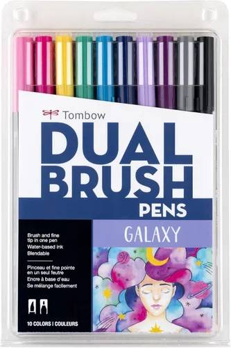 Tombow 56188 Marcadores artísticos de doble pincel, Galaxy, paquete de 10. Marcadores mezclables, con pincel y punta fina
