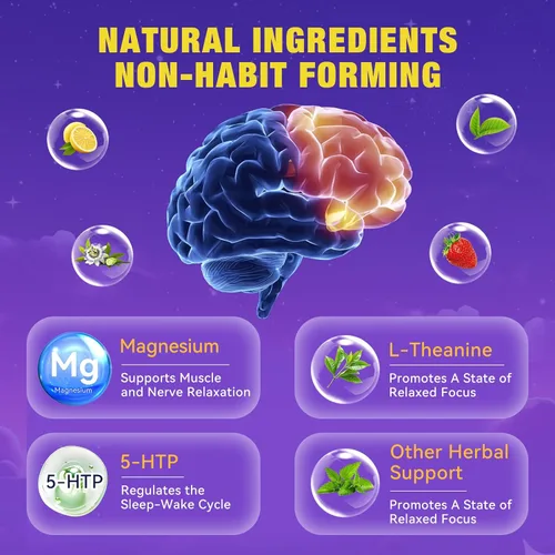 Miniatura 4 de Gomitas para dormir sin melatonina para adultos con magnesio, raíz de valeriana, 5-HTP y mezcla de hierbas, suplementos naturales para ayudar al