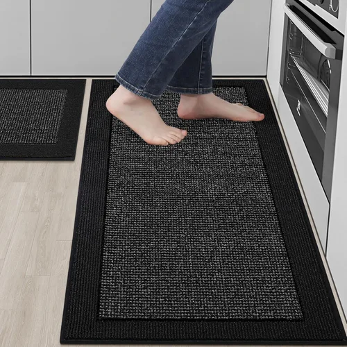 BEQHAUSE Juego de 2 alfombras y tapetes de cocina antideslizantes para piso, absorbentes y resistentes a las manchas, lavables a máquina, para Negro
