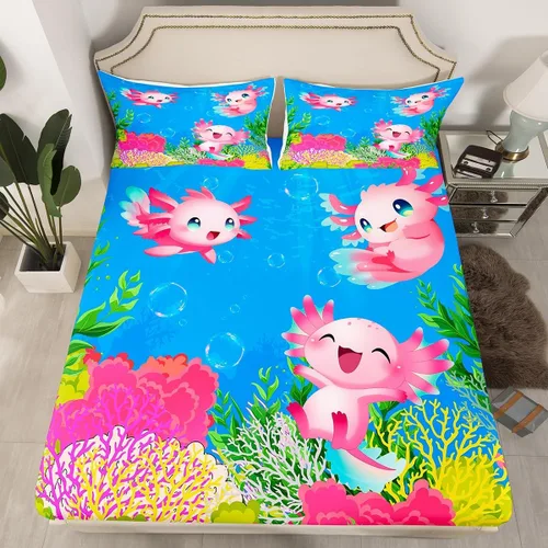 Miniatura 3 de Lindo juego de sábanas de ajolote, juego de sábanas de salamandra de dibujos animados para niños, juego de ropa de cama de mundo submarino