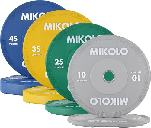 Miniatura 9 de Mikolo Juego de placas olímpicas para parachoques, 100% de goma de baja densidad y rebote con inserciones de acero, placas de barra silenciosas