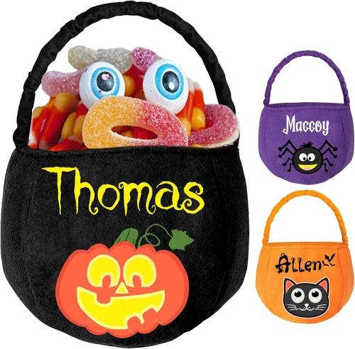 Miniatura 11 de Cubo de Halloween personalizado con nombre personalizado para trucos o tratos, bolsa de dulces personalizada para niños, bolsas de mano grandes