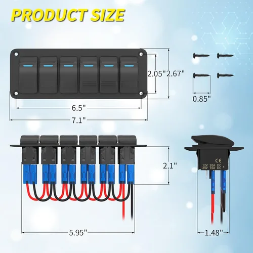 Miniatura 2 de Joinfworld Panel de Interruptor Basculante de 6 Posiciones 12V Panel de Interruptor de Barco Marino Impermeable 12 Voltios Luz LED Azul Panel
