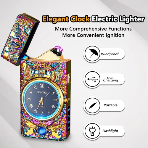 Miniatura 3 de Reloj Eléctrico Genial con Encendedor de Plasma de Doble Arco, Resistente al Viento, Recargable por USB con Indicación de Batería para Fuego, Dragón