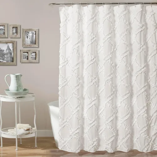 Lush Decor Cortina de Ducha con Volantes Diamante 72"L x 72"L Blanco - Cortinas de Ducha de Tela para Baño - Cortina de Baño Blanca - Decoración