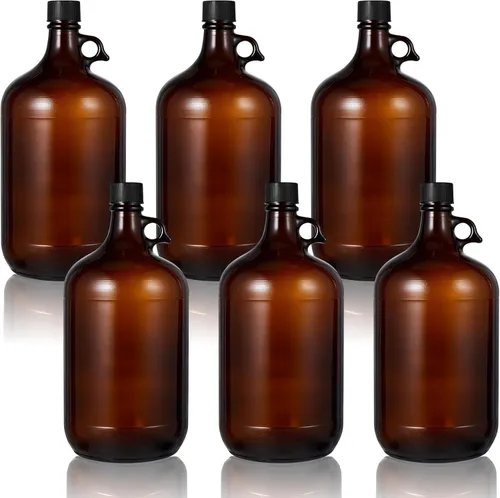 Maxdot Paquete de 6 jarras de fermentación de vidrio de 1 galón con tapa hermética, 128 onzas de vidrio ámbar con asa para kombucha, elaboración de