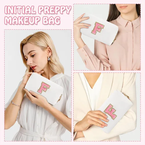 Miniatura 5 de Biileen Bolsa de Maquillaje Preppy Personalizada con Inicial Pequeña Bolsa de Viaje Linda con Letra de Chenilla, blanco-1, F