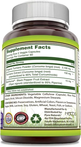 Miniatura 2 de Pure Naturals Curcumina de cúrcuma con bioperina 2250 mg por porción suplemento Cápsulas vegetales Sin OMG Sin gluten Fabricado en Estados