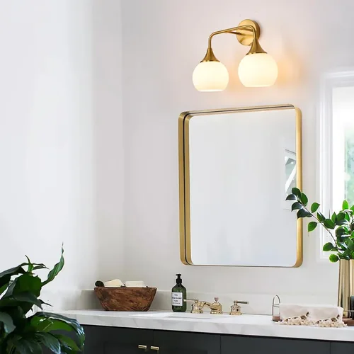 Miniatura 6 de Lámparas doradas de baño con 2 luces de tocador con pantalla de vidrio blanco leche, luces de tocador para baño, aplique de pared moderno para baño