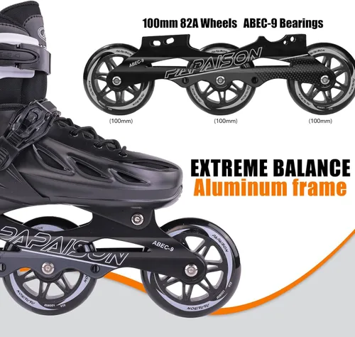Miniatura 5 de PAPAISON Patines en línea ajustables para adultos para hombres y mujeres con 3 ruedas de 100 mm, patines de exterior para fitness, velocidad y Negro