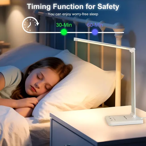 Miniatura 31 de Lámpara de escritorio LED White Crown, lámpara de mesa regulable, lámpara de lectura con puerto de carga USB, 5 modos de iluminación, control Negro