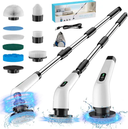 Limpiador eléctrico giratorio – Limpiador de baño de ducha inalámbrico de 120 minutos con 8 cabezales de cepillo | Limpiador eléctrico de 440 RPM (3
