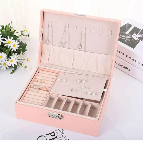 Miniatura 6 de NuAngela Joyero organizador grande para mujeres y niñas, estuche de almacenamiento de joyas de 2 capas, soporte de joyería de piel sintética
