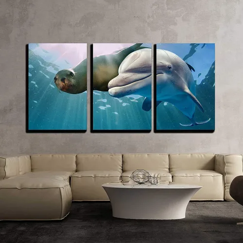Miniatura 2 de wall26 - Arte de pared en lienzo de 3 piezas, delfín y león marino bajo el agua sobre fondo del océano mirándote - Arte moderno para el hogar