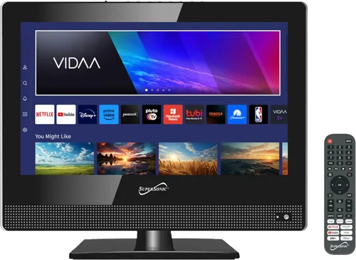 Supersonic SC-1520VTV TV 15.6 pulgadas Smart AC/DC LED TV alimentado por VIDAA, 1080p, WiFi, altavoces incorporados, USB, 3 x HDMI ARC, para cocina,
