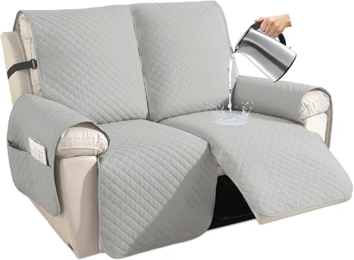 XINEAGE Funda para Reclinable Resistente al Agua, Fundas para Reclinable Loveseat de 2 Asientos con Bolsillos, Funda Protectora para Reclinable Gris