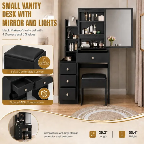 Miniatura 4 de BNSPLY 29.2" W Small Vanity Desk with Sliding Mirror, Black Makeup Vanity Set with 4 Drawers and 5 Shelves, Dressing Table with Cushion Stool for