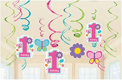 Decoraciones Amscan para primer cumpleaños de niña, paquete valioso de decoraciones de remolino, mediano, color rosa, azul, morado, verde