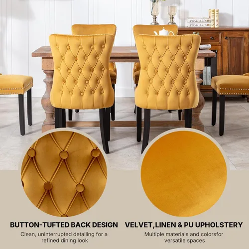 Miniatura 6 de OVENTA Juego de 4 sillas de comedor modernas tapizadas con respaldo completo, sillas de comedor de terciopelo dorado con patas de madera maciza