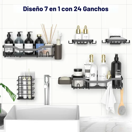 Miniatura 4 de NESOMI Organizador de Ducha Adhesivo Juego de 7 Piezas, Estantes de Baño de Acero Inoxidable a Prueba de Óxido, Accesorios de Almacenamiento sin
