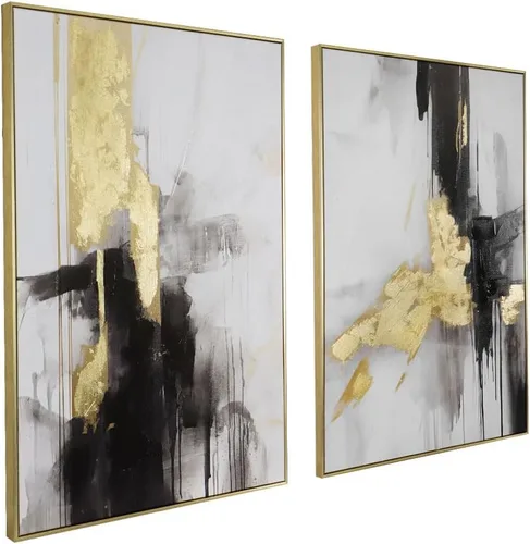 Miniatura 21 de Zessonic - Arte de pared abstracto en negro y oro - Decoración 2 piezas 16 x 24 pulgadas, lienzo en blanco y negro con lámina dorada para sala