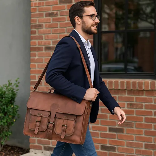 Miniatura 2 de Bolsa de mensajero de cuero para hombres y mujeres de 18 pulgadas, maletín grande vintage, bolso de hombro para laptop, bolsa bandolera unisex
