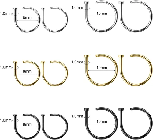 Miniatura 2 de AccGin Juego de aros de nariz de 0.63 oz20 G, en forma de D, piercing de nariz fino, joyería para nariz, tornillo, tabique, labio, tragus