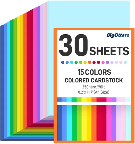 BigOtters 30 hojas de cartulina de colores de 8.2 x 11.7 pulgadas, 15 colores surtidos para impresión, fabricación de tarjetas, manualidades de
