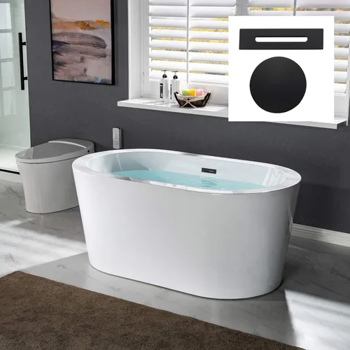 WOODBRIDGE Bañera de acrílico independiente de 56 pulgadas, bañera blanca de remojo contemporáneo con desbordamiento y drenaje negro mate, Mate negro