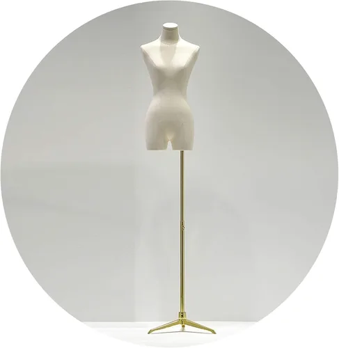 Torso de maniquí femenino de altura ajustable con brazos de madera maciza y base de trípode de hierro forjado para exhibición de vestidos de novia