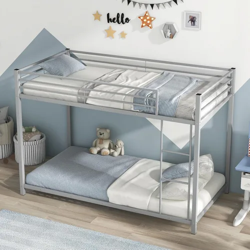 Miniatura 10 de KOMFOTT Litera baja de metal, tamaño individual sobre individual, base de cama resistente con escalera y barandillas de longitud completa, marco