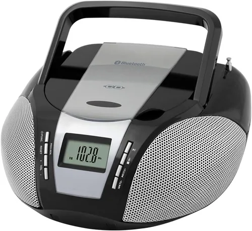 HANNLOMAX Boombox de CD portátil HX-322CD con radio, radio AM/FM, Bluetooth, entrada auxiliar, fuente de alimentación dual AC/DC (negro)