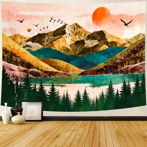Miniatura 8 de Delur Tapiz Boho de Montaña con Puesta de Sol, Tapiz de Paisaje Natural de Bosque y Árbol para Colgar en la Pared, Tapiz Abstracto Psicodélico