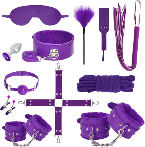 Miniatura 10 de Rbenxia 12 piezas de kits de restricciones BDSM Bondage para el sexo, esposas de fetiche, esposas de tobillo, collar, venda para los ojos, látigo