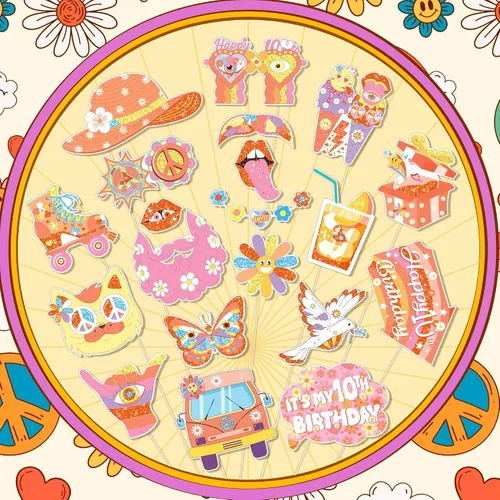 Miniatura 3 de 25 piezas de accesorios para cabina de fotos, decoraciones de fiesta retro boho para niñas, suministros de fiesta temática hippie para baby shower