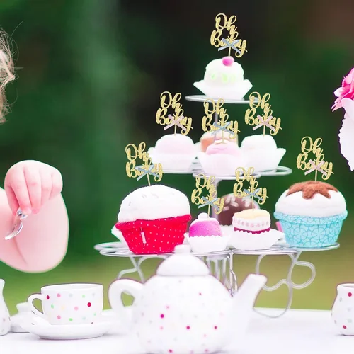 Miniatura 5 de Gyufise 36 piezas Adornos para cupcakes Oh Baby con moño azul y rosa, brillante dorado, adornos para cupcakes de baby shower, adornos para cupcakes