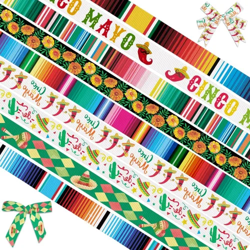Miniatura 6 de 9 rollos de cinta para fiesta de 3/8 pulgadas, cinta de grogrén mexicano de serape mexicano, colorido, degradado, arcoíris, rayas, piñata, cactus