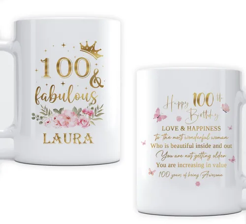 Taza de cerámica única para regalo de cumpleaños número 100 y fabuloso, 100 años, idea de regalo, nombre personalizado, 11 onzas, 15 onzas