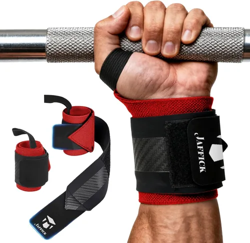 Jaffick Muñequeras reforzadas de doble capa para levantamiento de pesas, hombres y mujeres, diseño de lazo para el pulgar para levantamiento de Rojo