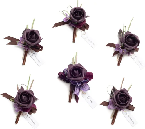 Miniatura 32 de Ling's Moment Boutonniere para Hombres Boda, Juego de 6, Novio y Padrinos Boutonniere para Boda Regreso a Casa Halloween Ceremonia Aniversario, Cena