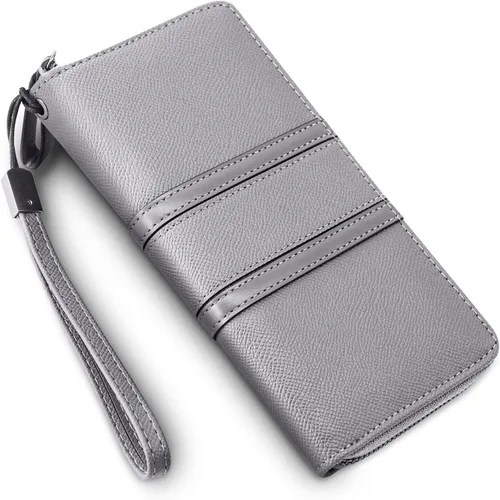 Miniatura 6 de Carteras con cremallera para mujer, de gran capacidad, cartera larga para chequera, cartera de mano con correa para la muñeca, Gris, Classic