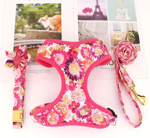 Miniatura 6 de Beirui Collares, arneses y correas lindos para perritas, juego de collar y correa ajustable para perros con flor - Chaleco de malla suave