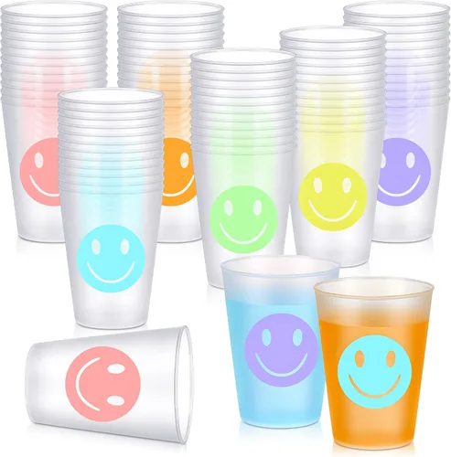 Miniatura 2 de Irenare 72 vasos de plástico reutilizables de 9 onzas con patrón de sonrisa, vasos de plástico para beber vasos pastel lindos vasos de plástico