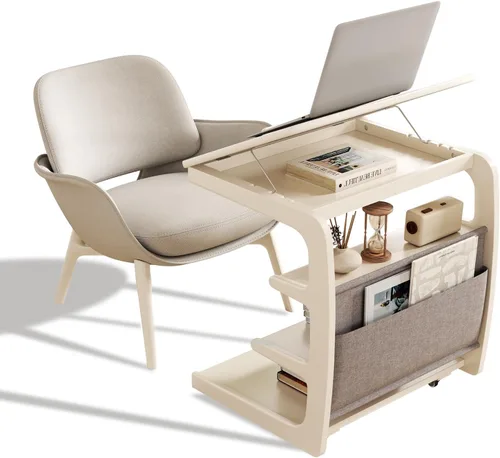 Miniatura 12 de AQIMUELE Mesa auxiliar de madera en forma de C, escritorio de sofá con 2 ruedas con cerradura, mesa de sofá de 4 niveles con bolsa de Natural