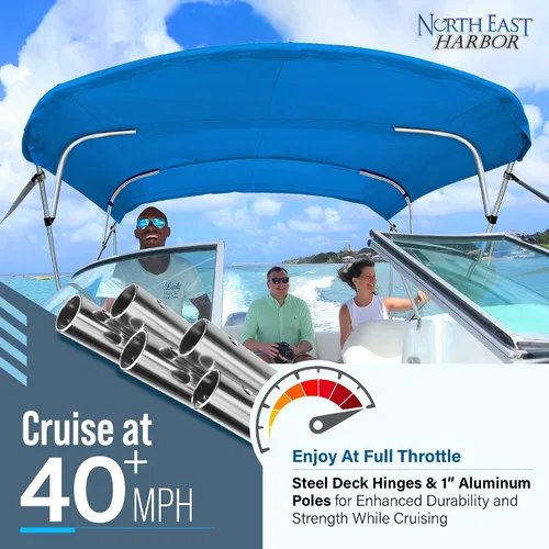 Miniatura 4 de NEH - Bimini Tops de 4 lazos para barcos, postes de apoyo, lona marina 900D a prueba de decoloración, funda de almacenamiento universal para pontón